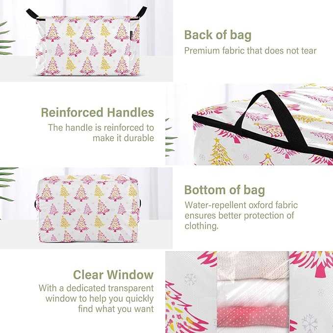 Burbuja Christmas Tree Clothes Storage Bag with Lids and Handle, 2 Pack Foldable Blanket Storage Container with Sturdy Zipper & Clear Window for Bedroom Closet, 60L
