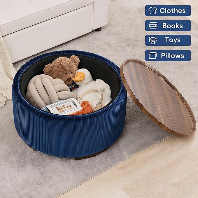 29.5 Inch Round Storage Ottoman Coffee Table,Modern Circle Coffee Table with Storage with Removable Lid Top and Solid Wood Legs,Large Round Ottoman for Bedroom,Living Room,Velvet,Blue