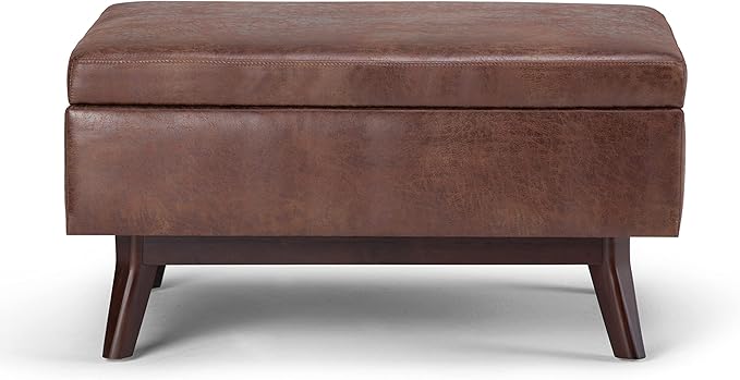 SIMPLIHOME Owen Coffee Table Storage Ottoman - 34" Wide x 19" High Upholstered Vegan Leather Rectangular Lift-Top Ottoman in Distressed Saddle Brown, Mid-Century Modern Bench with Tapered Legs