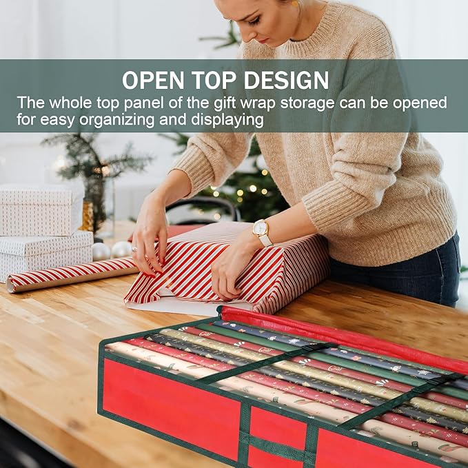 Christmas Gift Wrapping Paper Organizer Storage Bags,Plastic Container for Holiday Supplies & Accessories, Gift Bag Organizer, Under Bed Wrapping Paper Storage (Red)