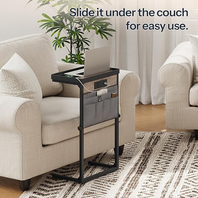 HOOBRO C-Shaped Side Table with Charging Station, 29.5” Sofa End Table Adjustable Height, Small Slide Under Couch Table for Sofa Arm Tray, for Living Room, Bedroom, Greige and Black BG78USF01