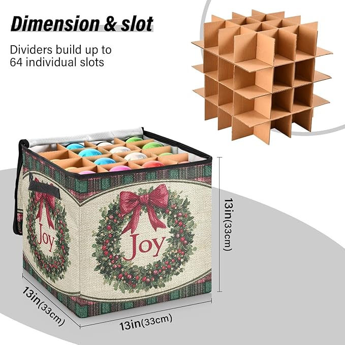 Jingle Bells Christmas Ornament Storage Basket Box Red Green Buffalo Plaid Holiday Storage Container Cube with Adjustable Dividers for 64 Holiday Ornaments or Decorations Keeps Clean and Dry