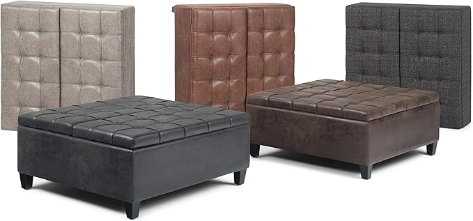 SIMPLIHOME Harrison Coffee Table Storage Ottoman - 36 inch Wide Upholstered Vegan Leather Square Lift-Top Ottoman in Distressed Umber Brown, Transitional Ottoman for Living Room with Storage