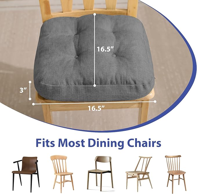 IASEAHK Chair Cushions for Dining Chairs, Dining Chair Cushions, Tufted Indoor Chair Pads with Ties & Non Slip Backing, Seat Cushions for Kitchen Chairs 16.5” x 16.5” x 3.5”, Set of 6, Grey