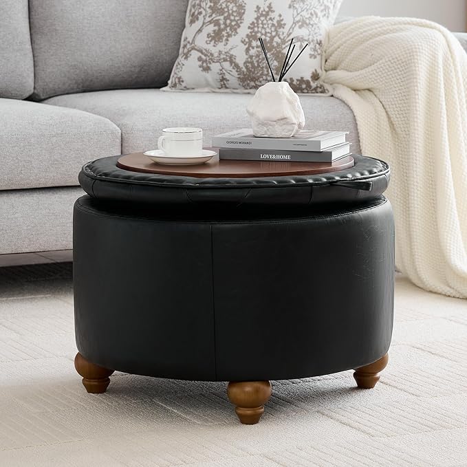 WUTUTUEE 24Inch Round Storage Ottoman with Tray, Modern Tufted Leather Circle Coffee Table with Storage, Upholstered Ottoman with Removable Top for Living Room, Bedroom, Leather Black