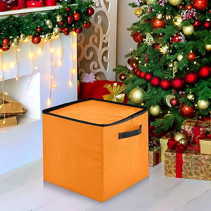 YETTASBIN Orange Solid Color Large Christmas Ornament Storage Box with Zipper & Adjustable Dividers, Storage Container with Lid & Handles for 64 Holiday Ornaments 3-Inch, 13 x 13 Inch