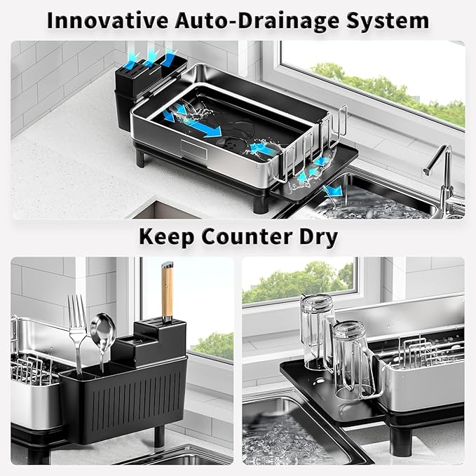Ewaiira Dish Drying Rack, 304 Stainless Steel Dish Racks for Kitchen Counter, Dish Drainers with Automatic Drainage, Utensil Holder & Cups Holder, Space Saving Kitchen Organizer, Black 16.5''x12.6''