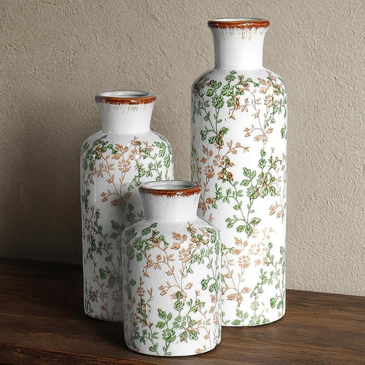 Ceramic Vase Set of 3, Vintage Ceramic Flower Vases, Crackle-Glaze & Distressed Rim, Brown & Green Botanical Pattern, for Home Decor, Living Room Mantel & Dining Table Centerpiece