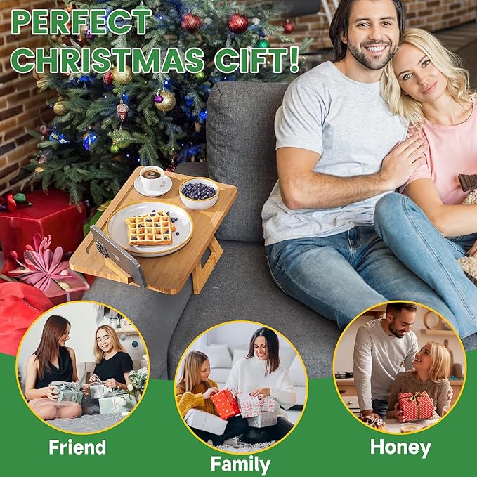 Youpehom Bamboo Sofa Tray,Couch Arm Table, Clip-On Armrest Tray Table for Wide Couch Foldable Tray with 360° Phone Holder Couch Arm Tray for Eating/Drinks/Snacks/Remote