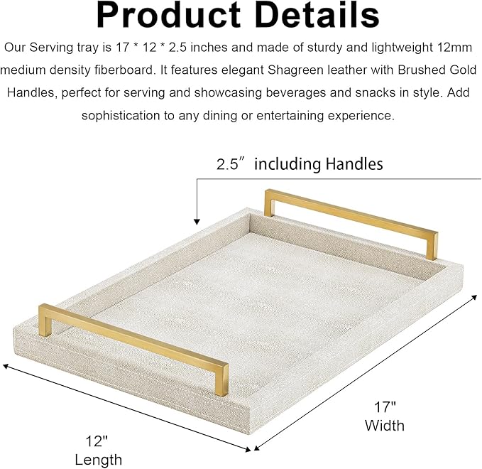 XIGEXIGE Ivory Shagreen Decorative Tray Large Rectangle Coffee Table Tray for Ottoman Faux Leather Serving Tray with Brushed Gold Handles