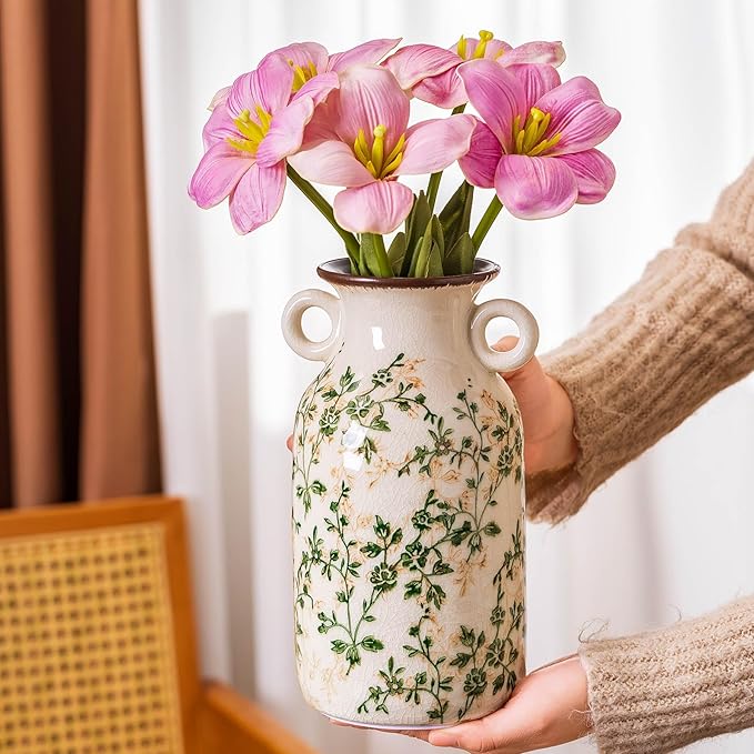 for Mom from Daughter or Son, Vintage Pastoral Ceramic Vase with Handles 9.1”, Green & Beige Chinoiserie Floral Vase, Rustic Farmhouse Decor for Living Room, Kitchen, Bedroom