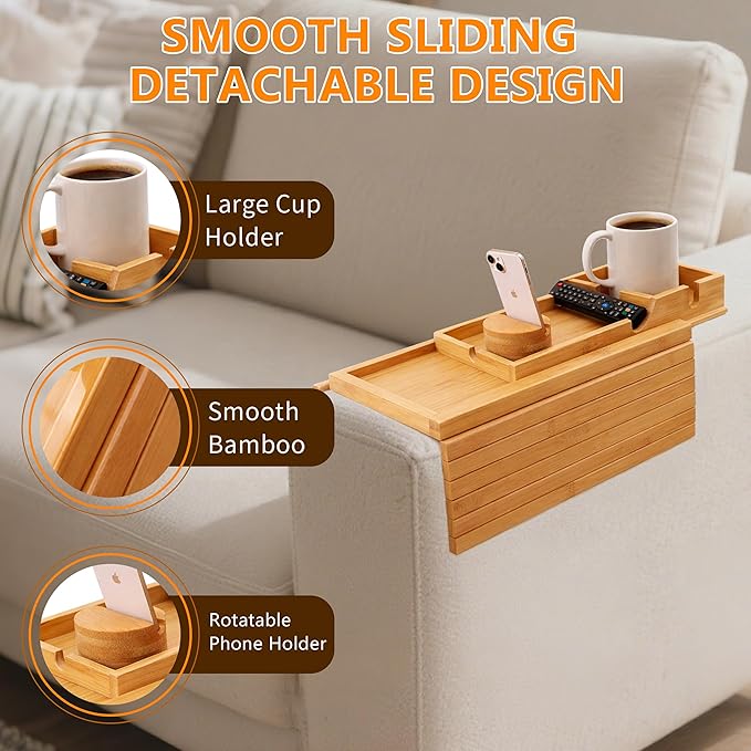 Chair Arm Table-Sofa Cup Holder Armrest with Detachable 360° Rotating Phone Stand for Hands-Free Viewing, Made from Premium Natural Bamboo for Drinks, Phone and Remote