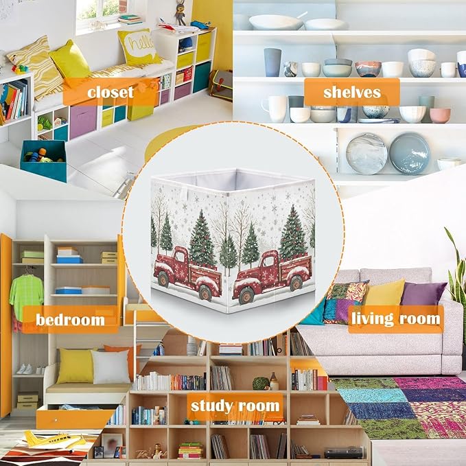 Red Truck Christmas Tree Fabric Storage Cubes Sturdy Shelf Closet Organizer Bin Decorative Storage Basket Box for Living Room Bathroom, 11x11 Inch
