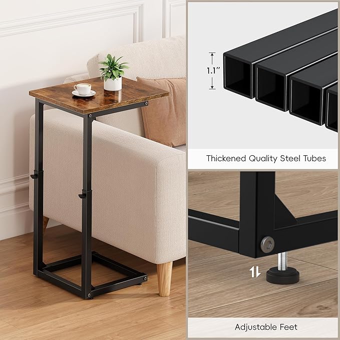 Vagusicc C-Shaped End Table for Sofa, 33"Tall Side Table for Couch, C Table End Table Adjustable Height Couch Side Table, Couch Table Slide Under Sofa Table TV Tray Table for Living Room,Bedroom,Brown