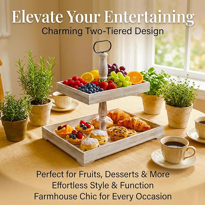 Decorative Tray - Cupcake Stand Two Tiered Tray Farmhouse Rustic 2 Tiered Serving Tray for Home and Kitchen Decor, Party, Weddings-Holiday Decoration Customizable Display Options