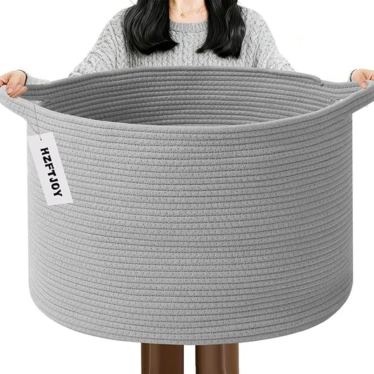 65L Large Blanket Basket,Cotton Rope Woven Storage Basket with Handles, Laundry Hamper for Toys, Clothes, Pillows & Towels, Perfect for Living Room, Nursery & Bedroom,Light Gry