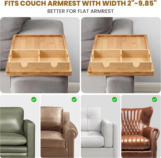 2-in-1 Couch Cup Holder Tray with Metal Legs, Bamboo Couch Armrest Table with Detachable Cup Holder, Adjustable 2–9.85 Inch Fit, Extra Stable Sofa Arm Tray for Living Room & Recliner