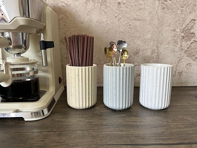 TOPYOKK Stoneware Coffee Bar Utensil Holder Tea & Coffee Spoon & Stirrer Holder for Stir Stick Straw Teaspoon Holder Spoon Cup Small Utensil Jar Fluted Vertical Stripe (Blue Grey)