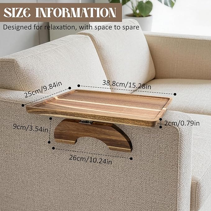 Acacia Wood Sofa Arm Tray, Folding Clip-On Couch Arm Tray, Sofa Armrest Trays for Drinks, Snacks, Phone, Remote Control