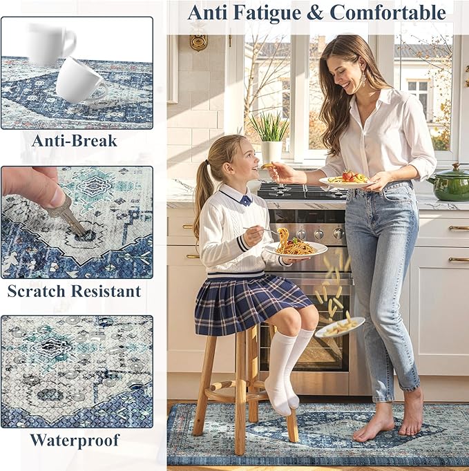 Collive Cushioned Anti-Fatigue Mats, Boho Non-Slip Waterproof Kitchen Floor Mat, Comfortable Standing Carpet for Sink, Laundry, Office, Work, 17.3''x30'' Dark Blue