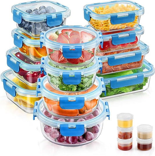 34pcs Glass Food Storage Containers with Lids Set, Airtight Glass Meal Prep Containers (17 Containers & 17 Lids), Leak Proof Lunch Container BPA-Free, Microwave, Oven, Freezer, Dishwasher Safe-Blue