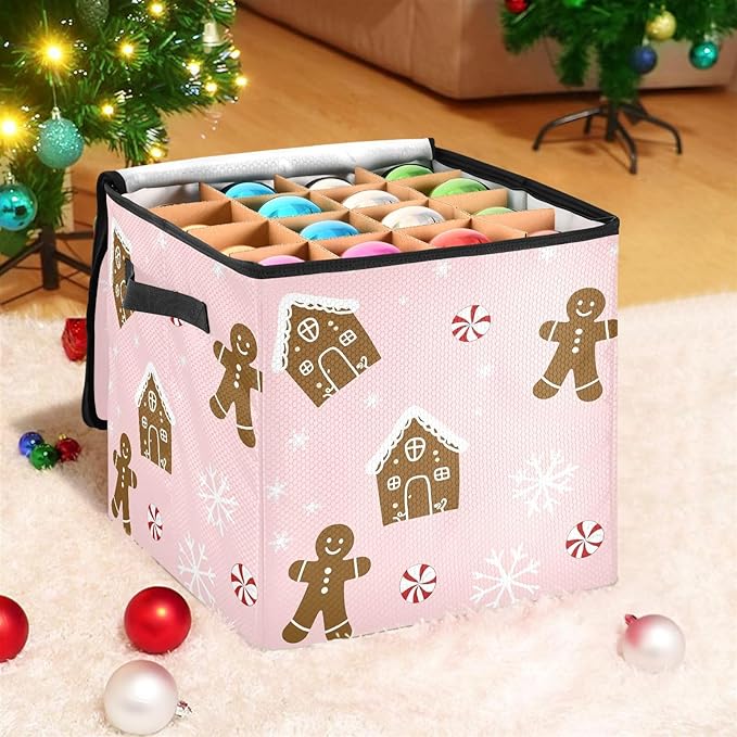 Pink Snowflake Christmas Ornament Storage Basket Box Winter Xmas Holiday Storage Container Cube with Adjustable Dividers for 64 Holiday Ornaments or Decorations Keeps Clean and Dry for Next Season