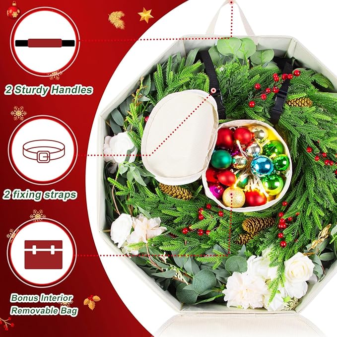 BrilliantJo Wreath Storage Hard Shell Christmas Decorations Case Bag with Interior Pockets 600D Oxford Fabric 24 Inch Xmas Container Box for Holiday Zipper and Handles Labeling Card Slot Houndstooth