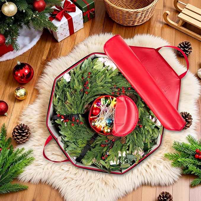 BrilliantJo Wreath Storage Hard Shell Christmas Decorations Case Bag with Interior Pockets 600D Oxford Fabric 24 Inch Xmas Container Box for Holiday Zipper and Handles Labeling Card Slot Red