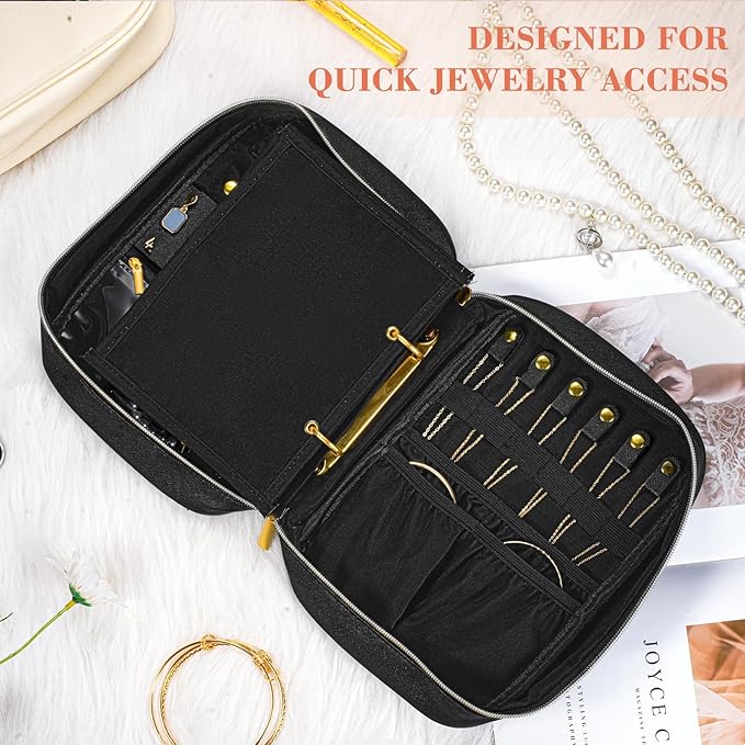 Travel Jewelry Organizer Case for Women, Jewelry Travel Case with 5 Zipper Pouches, Jewelry Organizer for Necklaces Earrings Rings Bracelets, Travel Jewelry Storage Bag (Black)