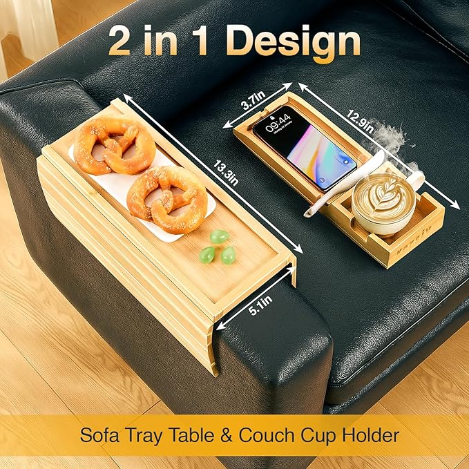 Bamboo Sofa Armrest Tray - Couch Arm Tray with Detachable Couch Cup Holder - 2 in 1 Anti-Slip Foldable Sofa Armchair Caddy Table - Cup Holder for Drinks Cellphone TV Remote Snacks