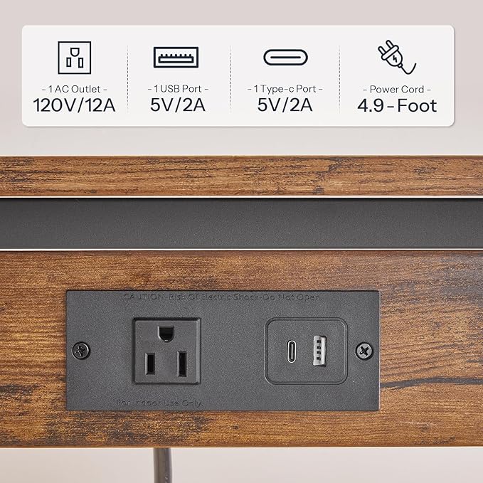 HOOBRO C-Shaped End Table with Charging Station, Adjustable Height Sofa Tray Side Table, Slide Under Couch Arm Table, Small C Side Table for Small Space in Living Room, Bedroom, Rustic Brown BF71USF01
