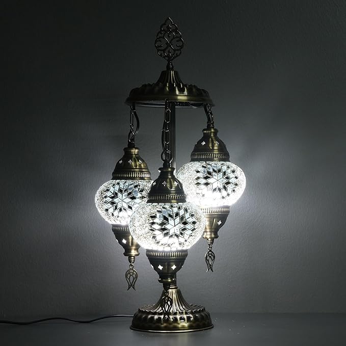 Asylove Turkish Lamp, 3 Globe Turkish Mosaic Table Lamp, Living Room and Office Decoration Lighting 5 inc Globe Total Dimesions 12 x 12 x 24 inch (Daisy White)