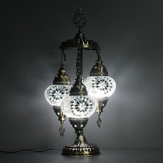 Asylove Turkish Lamp, 3 Globe Turkish Mosaic Table Lamp, Living Room and Office Decoration Lighting 5 inc Globe Total Dimesions 12 x 12 x 24 inch (Daisy White)