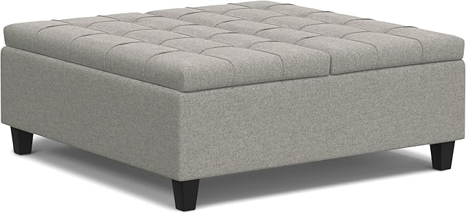 SIMPLIHOME Harrison Large Coffee Table Storage Ottoman - 40 inch Wide Upholstered Linen Look Fabric Square Lift-Top Ottoman in Cloud Grey, Transitional Bench for Living Room with Sturdy Base
