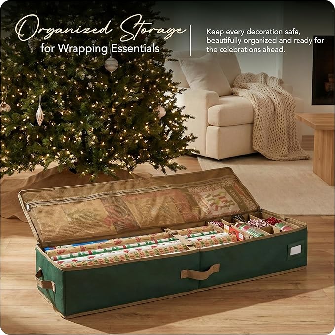 Covermates Keepsakes Gift Wrap Storage Organizer – Heavy-Duty Polyester with Buckle Straps & Interior Pockets – Holds Up to 15 Rolls of Gift Wrap with Handles & Label Window, Green