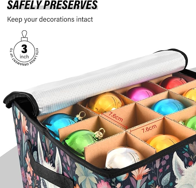 Kigai Alpaca Christmas Ornament Storage Box with Zipper & Adjustable Dividers Holiday Ornament Organizer Xmas Storage Container, 64 Balls
