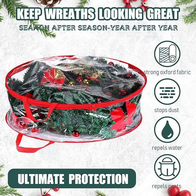 Shappy 4 Pieces Clear Christmas Wreath Storage Container 24 Inches Xmas Wreath Storage Bag Plastic Christmas Garland Container with Dual Zippers and Reinforced Handles for Xmas Seasonal (Red)