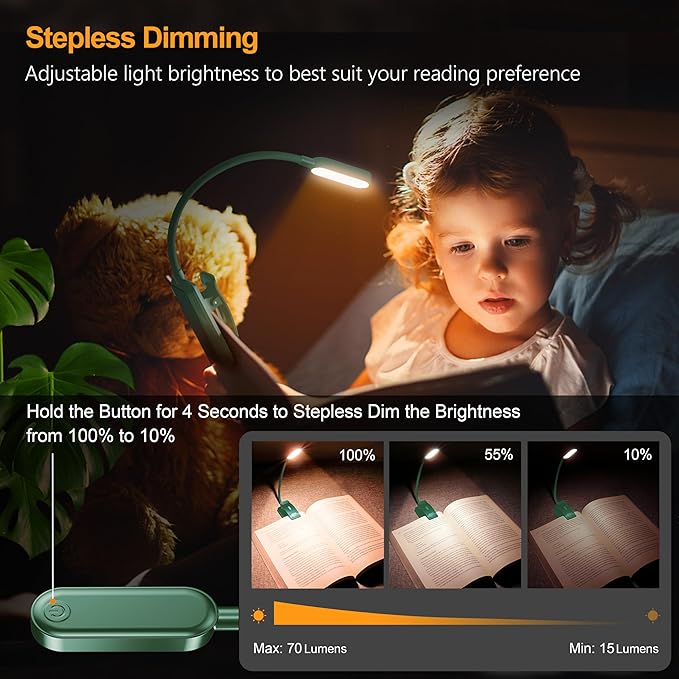 Gritin 16 LED Rechargeable Book Light for Reading in Bed- Eye Caring 3 Color Temperatures, Stepless Dimming Brightness, 80 Hrs Runtime, Lightweight Flexible Clip on Light for Book Lovers-Green