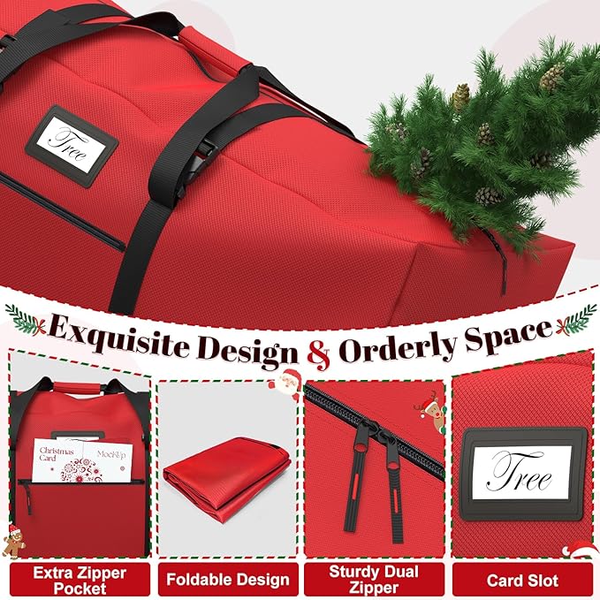 Christmas Tree Storage Bag with Rolling Wheels, Fits for 9ft Xmas Artificials, Large Xmas Storage Container with Reinforced Carry Handles and Fixed Buckle, 600D Oxford Cloth, Dual Zippers
