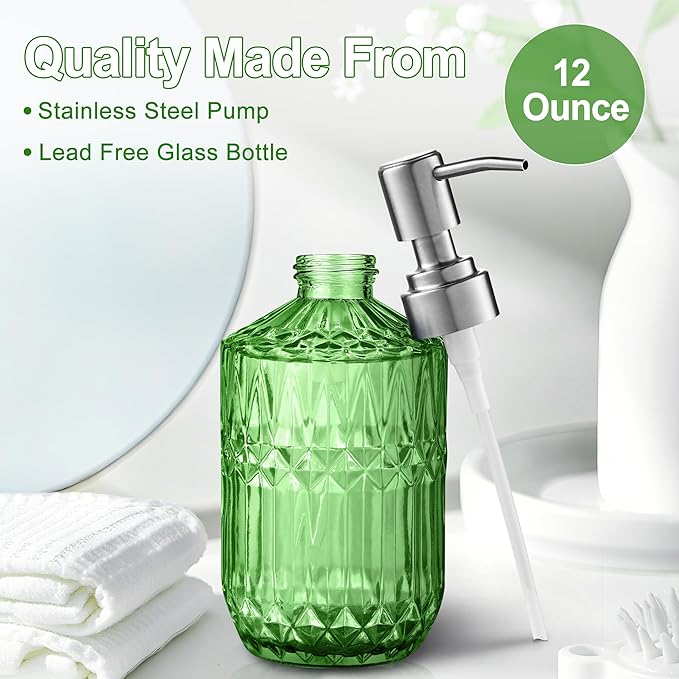 Kaishun 13 Oz Refillable Soap Dispenser, Glass Soap Dispenser for Dispense Hand Soap, Dish Soap, Lotion 2pack (Green)