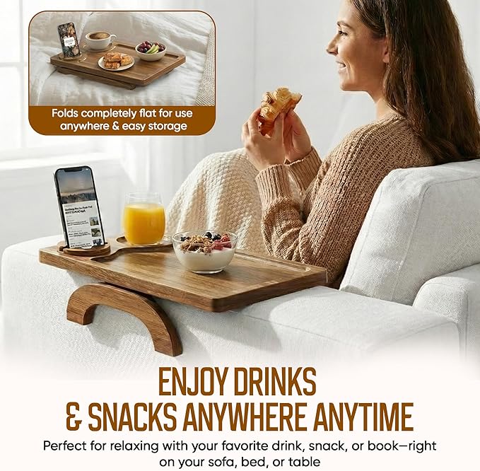 Acacia Wood Sofa Arm Tray - 3-in-1 Couch Arm Table with Phone Holder, Cup Placer & Foldable Tray - Armrest Clip-On Design for Couch with 360° Rotated Phone Holder