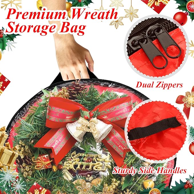 YAYODS 6 Pack Wreath Storage Container Bag 30 Inch Christmas Wreath Storage Bag Heavy Duty Christmas Wreath Boxes with Clear Window for Xmas Holiday Seasonal Wreath Garland(Red)