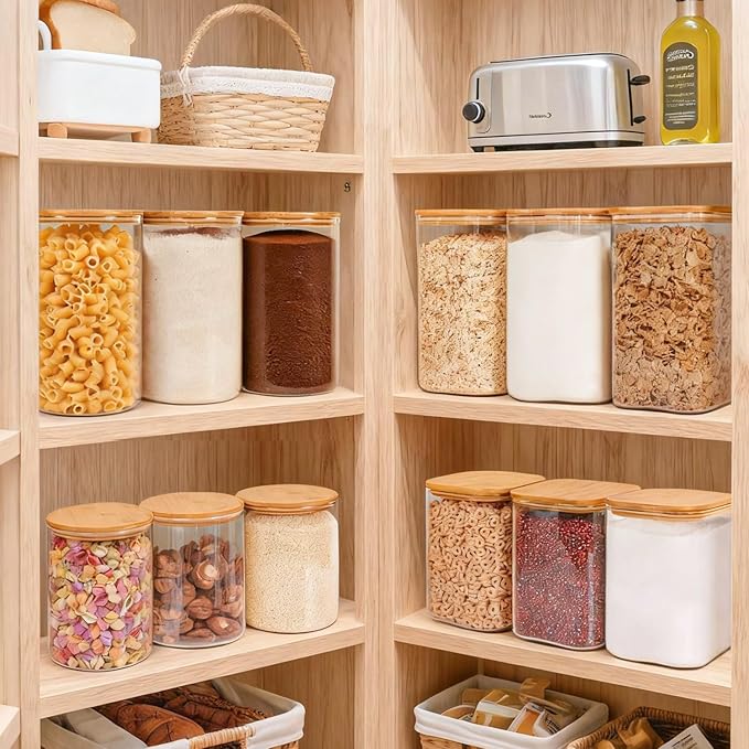 Glass Flour Sugar Storage Containers with Bamboo Lids & Measuring Scoop (1.6Qt/4.6Qt) - Wide Mouth Pantry Storage Containers for Kitchen Counter, Pantry Organization & Baking Essentials 2 pack