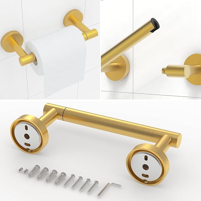 RARXTR 3pc Bathroom Hardware Set with Brushed Brass Toilet Paper Holder & Towel Ring & Towel Bar SUS304 Stainless Steel Toilet Paper Roll Holder Wall Mount & Bathroom Towel Holder & Towel Rack Set
