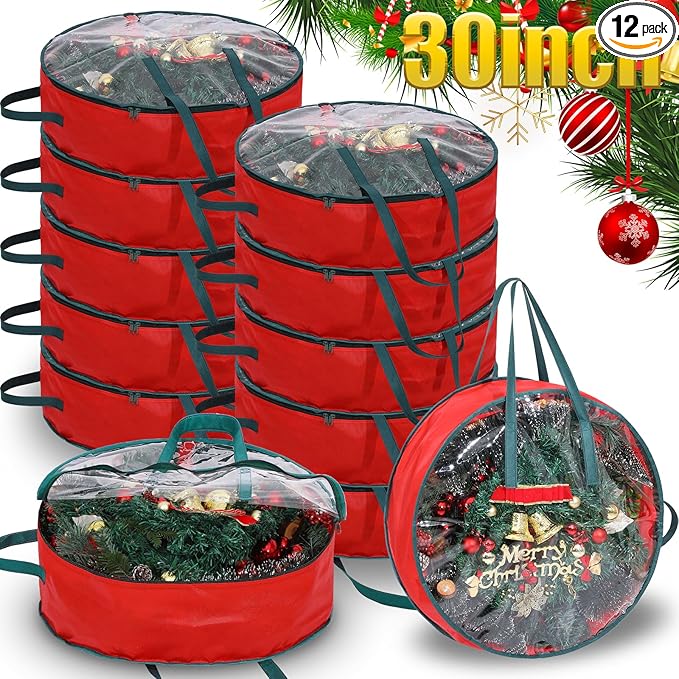 Shappy 12 Pcs Red Wreath Storage Bag Clear Wreath Box Storage Containers with Clear Window and Handle Garland Containers for Holiday Seasonal Bags