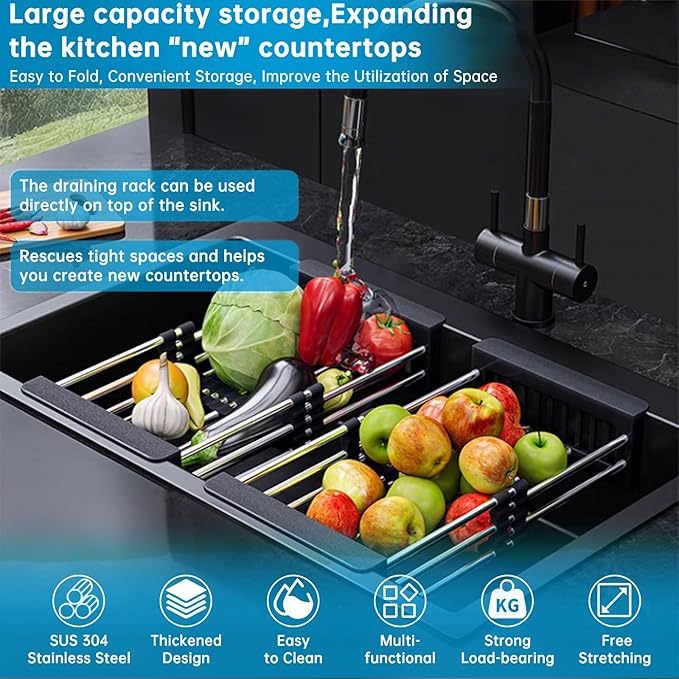 Small Black Dish Drying Rack - Stainless Steel Adjustable Dish Drainer, Compact Kitchen Sink Organizer for Fruits Vegetables (12.5-18 Inches)