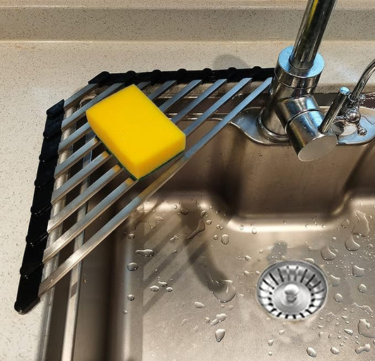 Ahyuan Corner Sink Dish Drainer over the Sink Dish Drying Rack Corner Dish Rack SUS304 Cubic Stainless Still Kitchen Sponge Holder Corner Sink Sponge Caddy Dish Rack (Black)