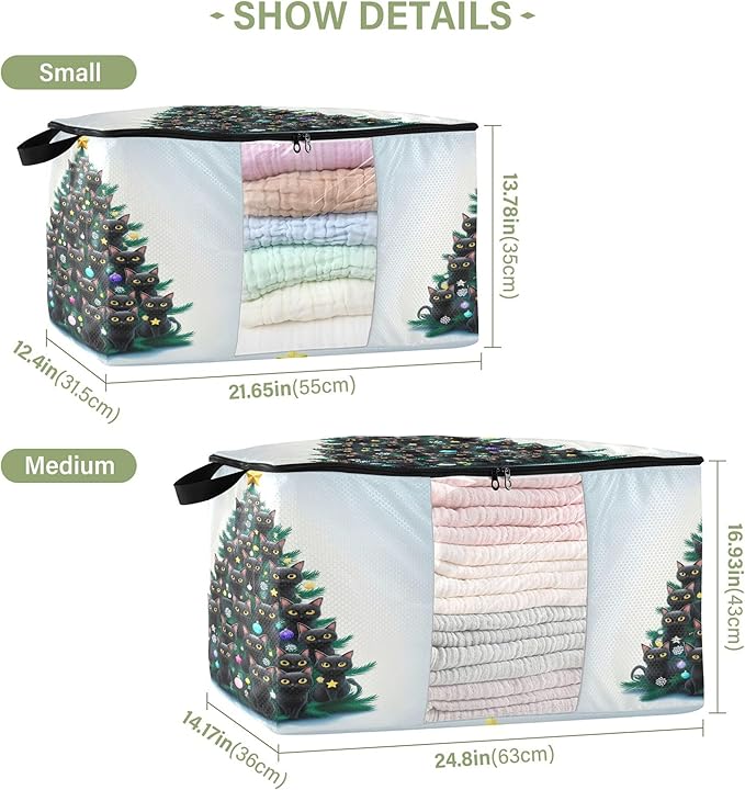 Burbuja Christmas Tree Clothes Storage Bag with Lids and Handle, 2 Pack Foldable Blanket Storage Container with Sturdy Zipper & Clear Window for Bedroom Closet, 60L