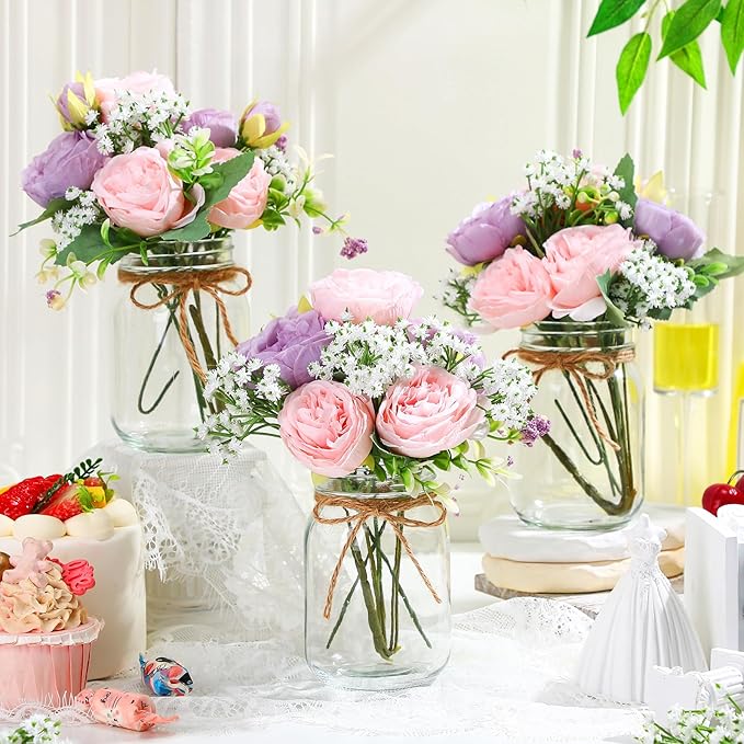 Zeyune Mason Jar Centerpiece Table Decorations, Artificial Peony Baby's Breath Flower Bouquets, Faux Flowers with Vase, Rustic Decor Gifts for Home, Wedding, Holiday (6 Sets,Purple,Pink)