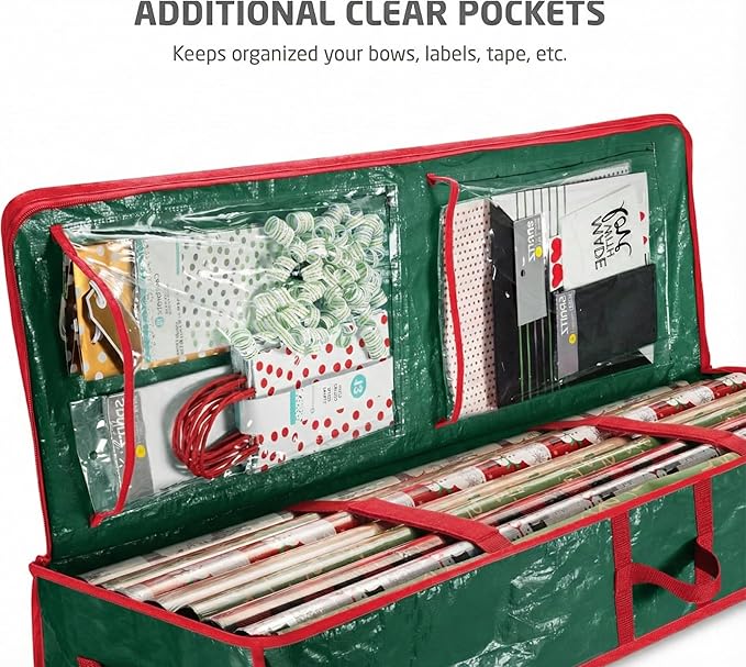 ZOBER Gift Wrapping Paper Organizer Storage - 40" Gift Wrap Storage Containers with Interior Pockets for Bows, Tags & Ribbons - Wrapping Paper Holder, Waterproof, Fits 24 Standard Rolls, Green